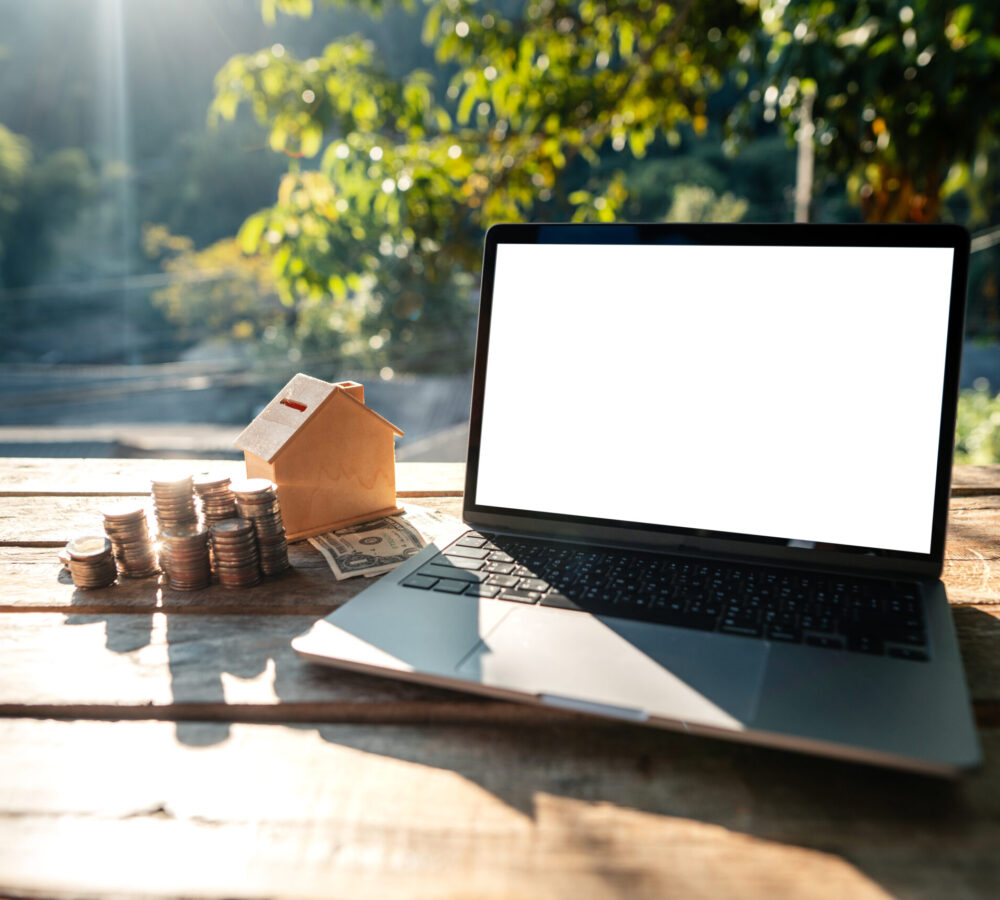 Laptop and money placed on a wooden table, cool light natural background.